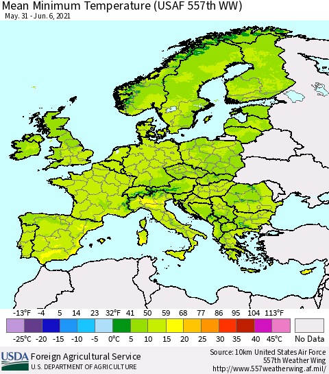 Europe Mean Minimum Temperature (USAF 557th WW) Thematic Map For 5/31/2021 - 6/6/2021