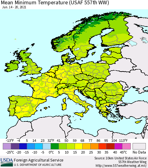 Europe Mean Minimum Temperature (USAF 557th WW) Thematic Map For 6/14/2021 - 6/20/2021