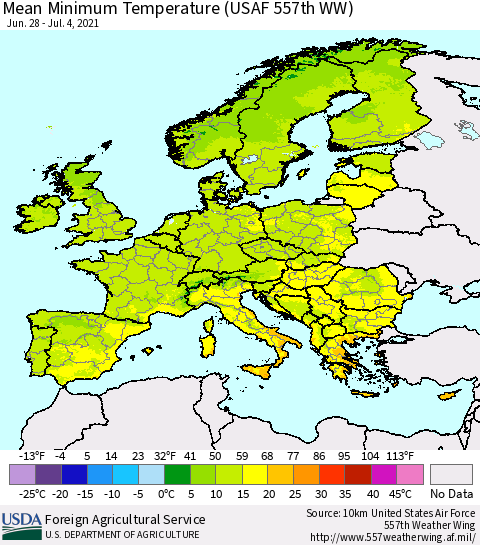 Europe Mean Minimum Temperature (USAF 557th WW) Thematic Map For 6/28/2021 - 7/4/2021