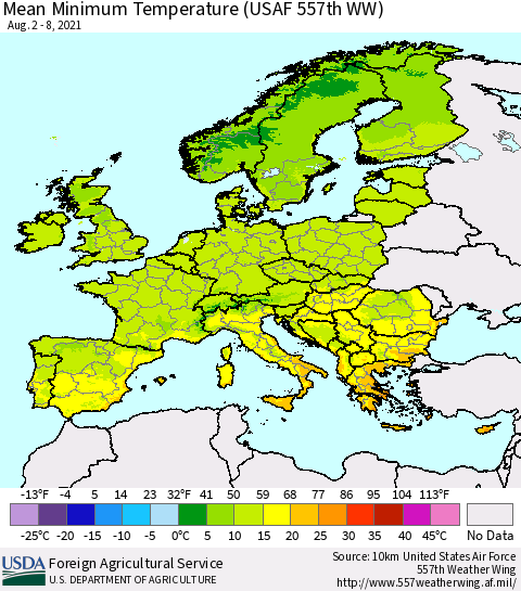 Europe Mean Minimum Temperature (USAF 557th WW) Thematic Map For 8/2/2021 - 8/8/2021