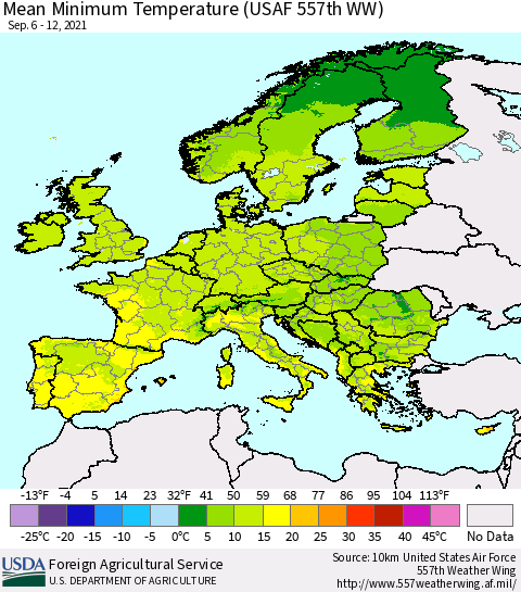 Europe Mean Minimum Temperature (USAF 557th WW) Thematic Map For 9/6/2021 - 9/12/2021