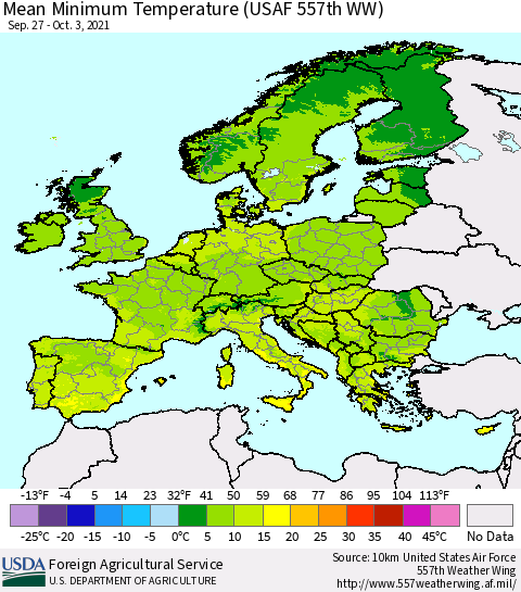 Europe Mean Minimum Temperature (USAF 557th WW) Thematic Map For 9/27/2021 - 10/3/2021