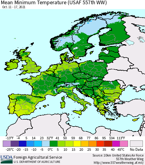 Europe Mean Minimum Temperature (USAF 557th WW) Thematic Map For 10/11/2021 - 10/17/2021