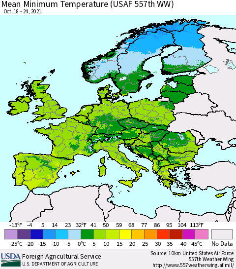 Europe Mean Minimum Temperature (USAF 557th WW) Thematic Map For 10/18/2021 - 10/24/2021