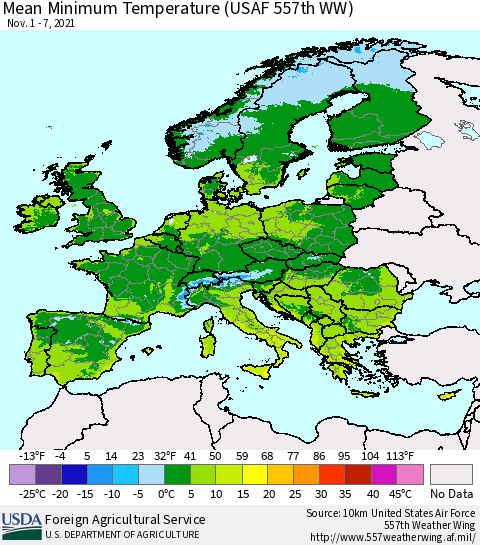 Europe Mean Minimum Temperature (USAF 557th WW) Thematic Map For 11/1/2021 - 11/7/2021
