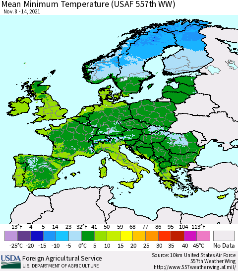 Europe Mean Minimum Temperature (USAF 557th WW) Thematic Map For 11/8/2021 - 11/14/2021