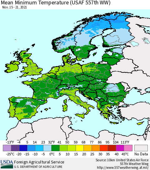 Europe Mean Minimum Temperature (USAF 557th WW) Thematic Map For 11/15/2021 - 11/21/2021