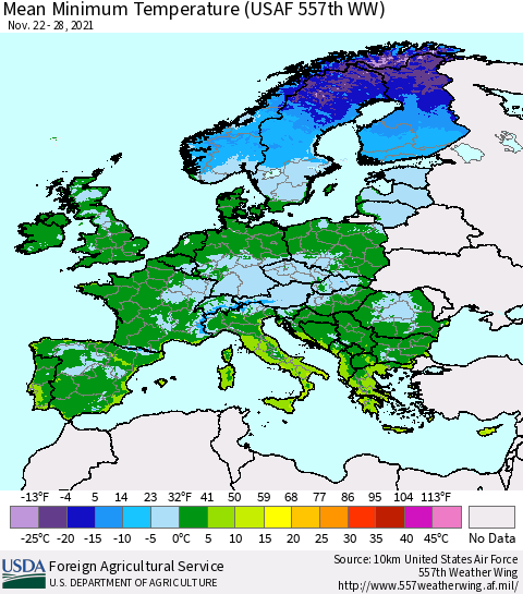 Europe Mean Minimum Temperature (USAF 557th WW) Thematic Map For 11/22/2021 - 11/28/2021