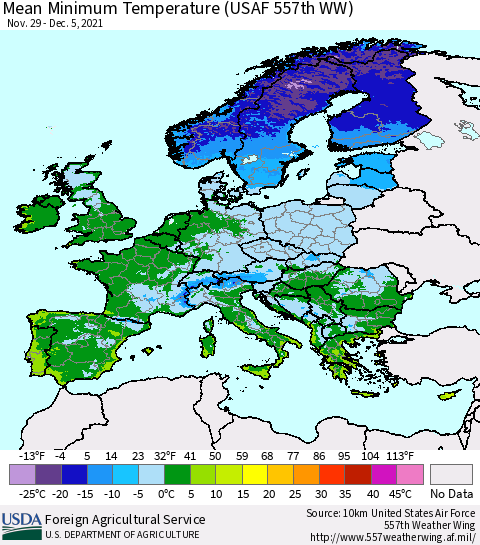 Europe Mean Minimum Temperature (USAF 557th WW) Thematic Map For 11/29/2021 - 12/5/2021