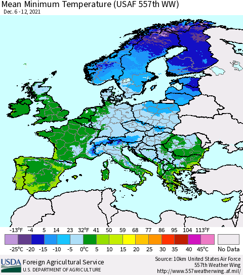 Europe Mean Minimum Temperature (USAF 557th WW) Thematic Map For 12/6/2021 - 12/12/2021