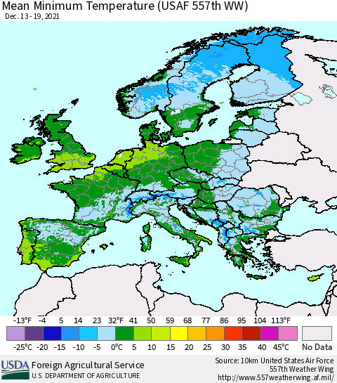 Europe Mean Minimum Temperature (USAF 557th WW) Thematic Map For 12/13/2021 - 12/19/2021