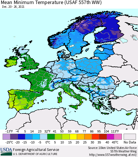 Europe Mean Minimum Temperature (USAF 557th WW) Thematic Map For 12/20/2021 - 12/26/2021
