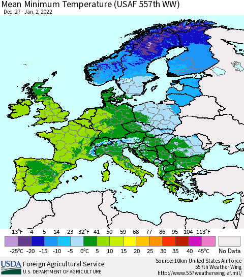 Europe Mean Minimum Temperature (USAF 557th WW) Thematic Map For 12/27/2021 - 1/2/2022