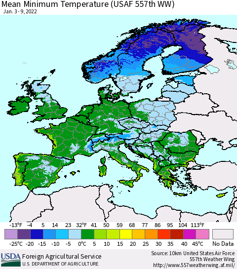 Europe Mean Minimum Temperature (USAF 557th WW) Thematic Map For 1/3/2022 - 1/9/2022