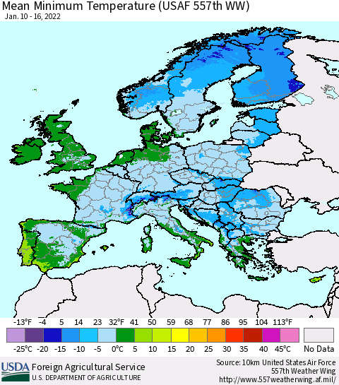 Europe Mean Minimum Temperature (USAF 557th WW) Thematic Map For 1/10/2022 - 1/16/2022