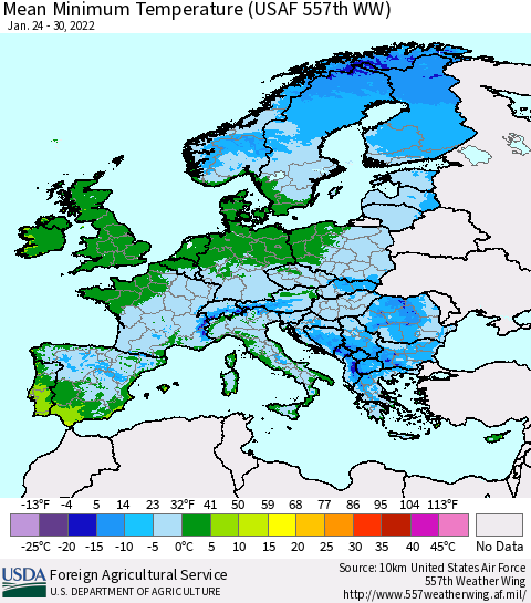 Europe Mean Minimum Temperature (USAF 557th WW) Thematic Map For 1/24/2022 - 1/30/2022