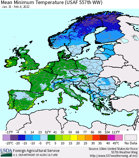 Europe Mean Minimum Temperature (USAF 557th WW) Thematic Map For 1/31/2022 - 2/6/2022