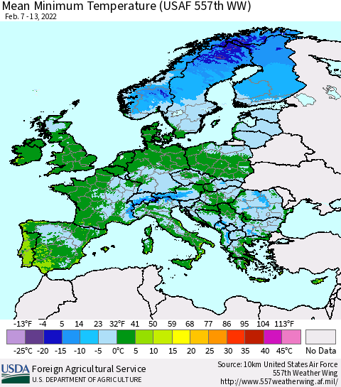 Europe Mean Minimum Temperature (USAF 557th WW) Thematic Map For 2/7/2022 - 2/13/2022