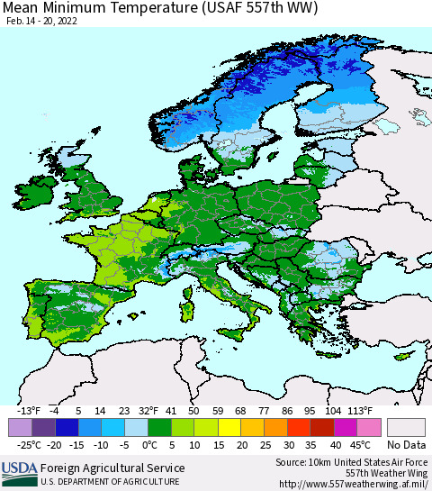 Europe Mean Minimum Temperature (USAF 557th WW) Thematic Map For 2/14/2022 - 2/20/2022