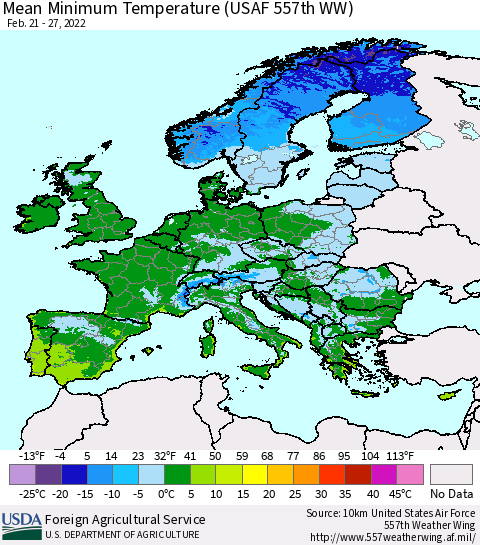 Europe Mean Minimum Temperature (USAF 557th WW) Thematic Map For 2/21/2022 - 2/27/2022