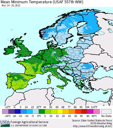 Europe Mean Minimum Temperature (USAF 557th WW) Thematic Map For 3/14/2022 - 3/20/2022