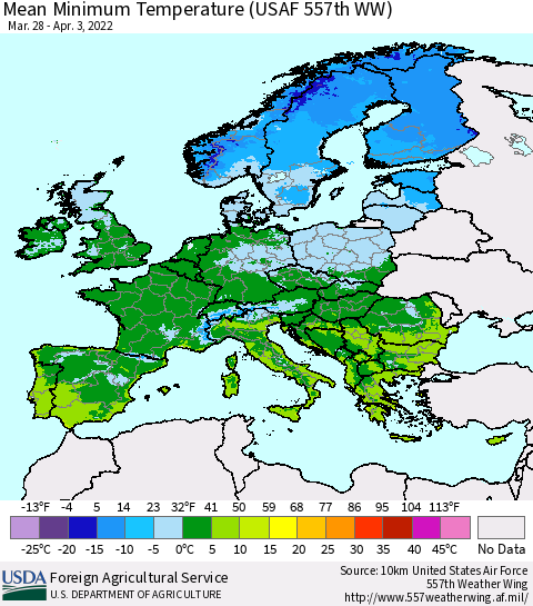 Europe Mean Minimum Temperature (USAF 557th WW) Thematic Map For 3/28/2022 - 4/3/2022