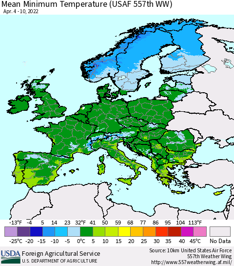 Europe Mean Minimum Temperature (USAF 557th WW) Thematic Map For 4/4/2022 - 4/10/2022
