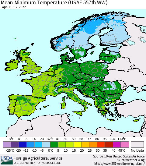Europe Mean Minimum Temperature (USAF 557th WW) Thematic Map For 4/11/2022 - 4/17/2022