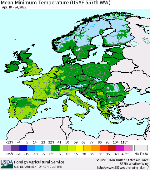 Europe Mean Minimum Temperature (USAF 557th WW) Thematic Map For 4/18/2022 - 4/24/2022