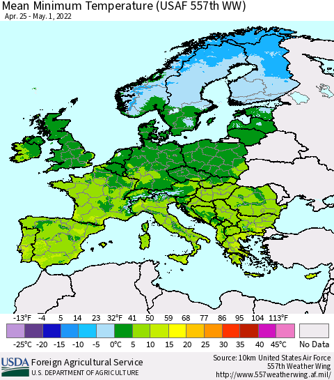 Europe Mean Minimum Temperature (USAF 557th WW) Thematic Map For 4/25/2022 - 5/1/2022