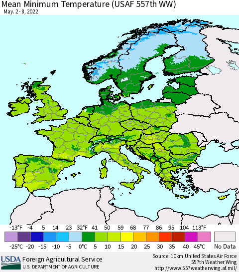 Europe Mean Minimum Temperature (USAF 557th WW) Thematic Map For 5/2/2022 - 5/8/2022