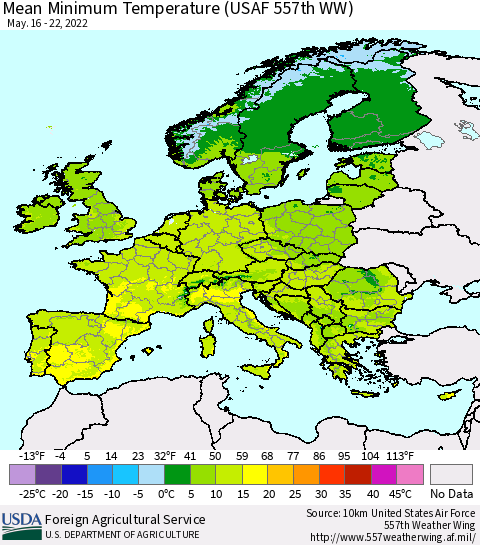 Europe Mean Minimum Temperature (USAF 557th WW) Thematic Map For 5/16/2022 - 5/22/2022