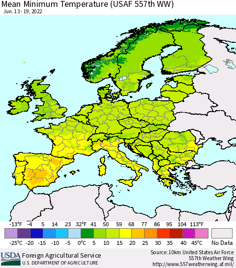 Europe Mean Minimum Temperature (USAF 557th WW) Thematic Map For 6/13/2022 - 6/19/2022