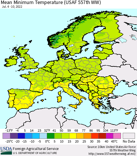 Europe Mean Minimum Temperature (USAF 557th WW) Thematic Map For 7/4/2022 - 7/10/2022