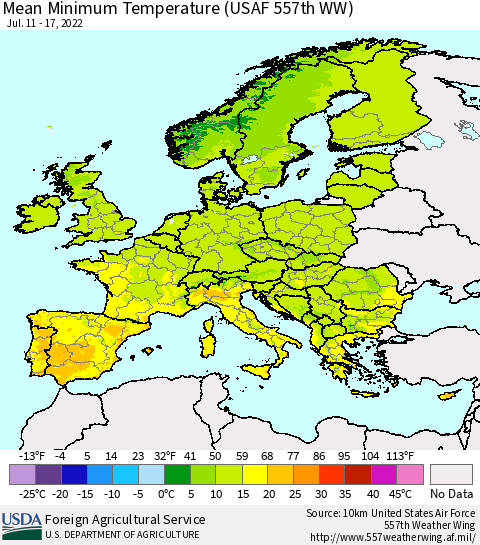 Europe Mean Minimum Temperature (USAF 557th WW) Thematic Map For 7/11/2022 - 7/17/2022