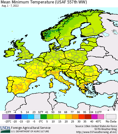Europe Mean Minimum Temperature (USAF 557th WW) Thematic Map For 8/1/2022 - 8/7/2022