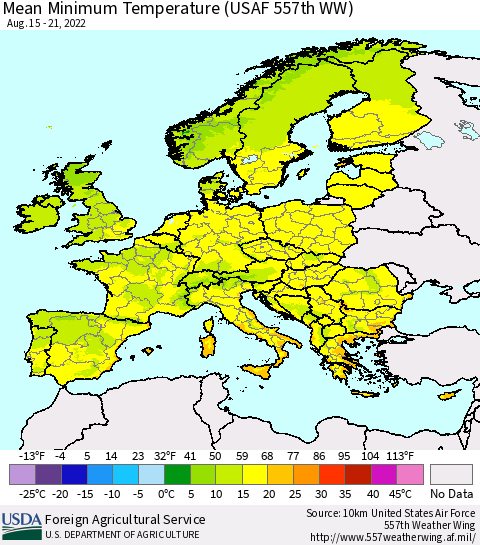 Europe Mean Minimum Temperature (USAF 557th WW) Thematic Map For 8/15/2022 - 8/21/2022