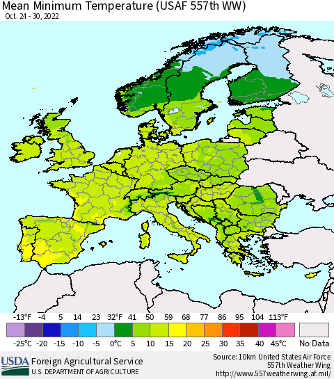 Europe Mean Minimum Temperature (USAF 557th WW) Thematic Map For 10/24/2022 - 10/30/2022