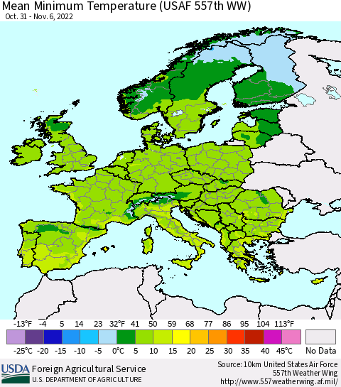 Europe Mean Minimum Temperature (USAF 557th WW) Thematic Map For 10/31/2022 - 11/6/2022