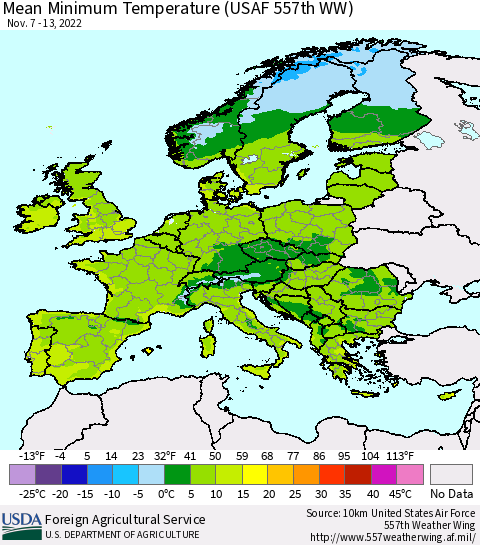 Europe Mean Minimum Temperature (USAF 557th WW) Thematic Map For 11/7/2022 - 11/13/2022