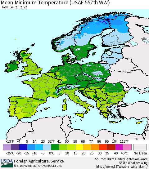 Europe Mean Minimum Temperature (USAF 557th WW) Thematic Map For 11/14/2022 - 11/20/2022