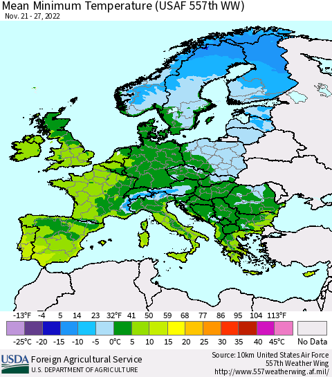 Europe Mean Minimum Temperature (USAF 557th WW) Thematic Map For 11/21/2022 - 11/27/2022