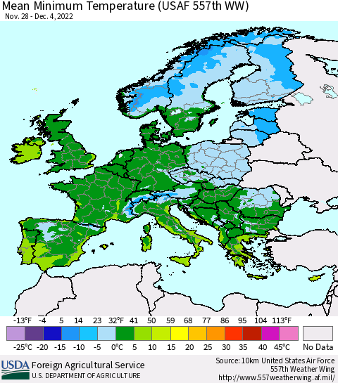 Europe Mean Minimum Temperature (USAF 557th WW) Thematic Map For 11/28/2022 - 12/4/2022