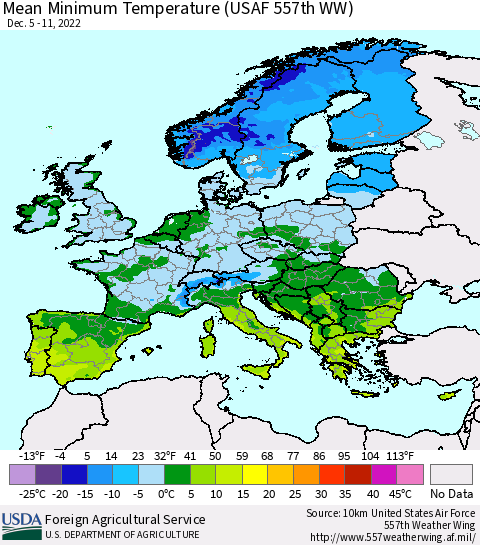 Europe Mean Minimum Temperature (USAF 557th WW) Thematic Map For 12/5/2022 - 12/11/2022