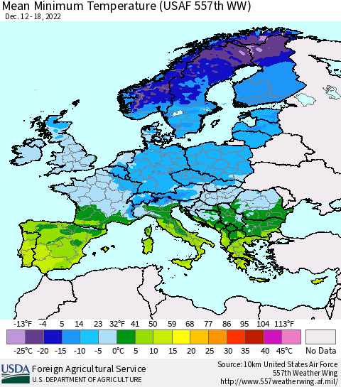 Europe Mean Minimum Temperature (USAF 557th WW) Thematic Map For 12/12/2022 - 12/18/2022