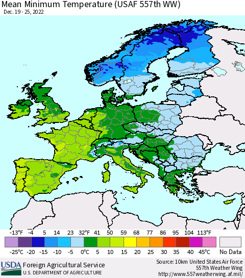 Europe Mean Minimum Temperature (USAF 557th WW) Thematic Map For 12/19/2022 - 12/25/2022