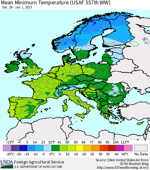 Europe Mean Minimum Temperature (USAF 557th WW) Thematic Map For 12/26/2022 - 1/1/2023