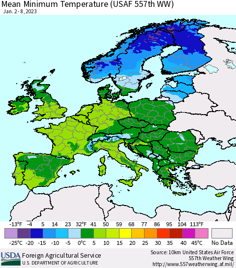 Europe Mean Minimum Temperature (USAF 557th WW) Thematic Map For 1/2/2023 - 1/8/2023