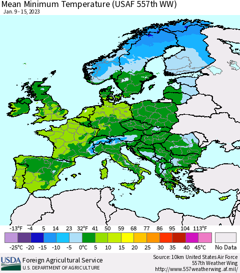 Europe Mean Minimum Temperature (USAF 557th WW) Thematic Map For 1/9/2023 - 1/15/2023