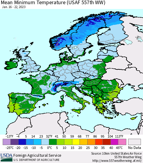 Europe Mean Minimum Temperature (USAF 557th WW) Thematic Map For 1/16/2023 - 1/22/2023
